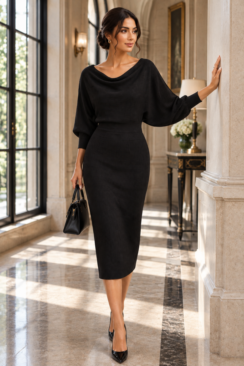 Knit Cotton Blend Ribbed Cowl Neck Bodycon Midi Sweater Dress Dolman Sleeve