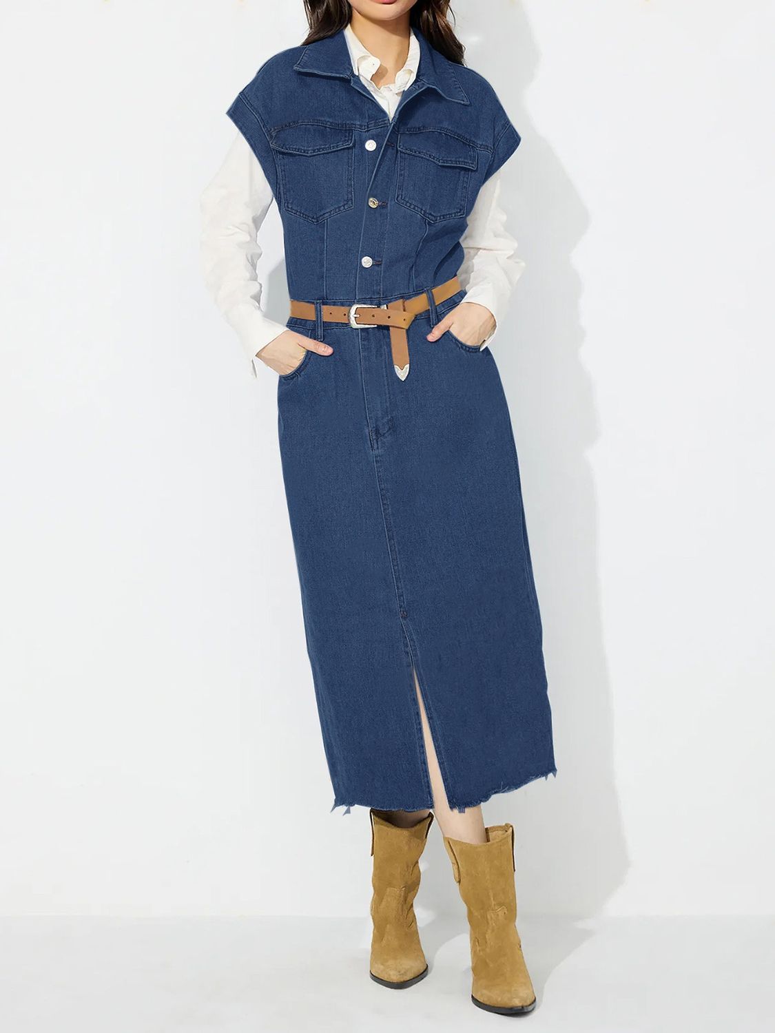 Denim Jacket Dress Pocket Chest Jean Collared Midi Half Button Slit Front