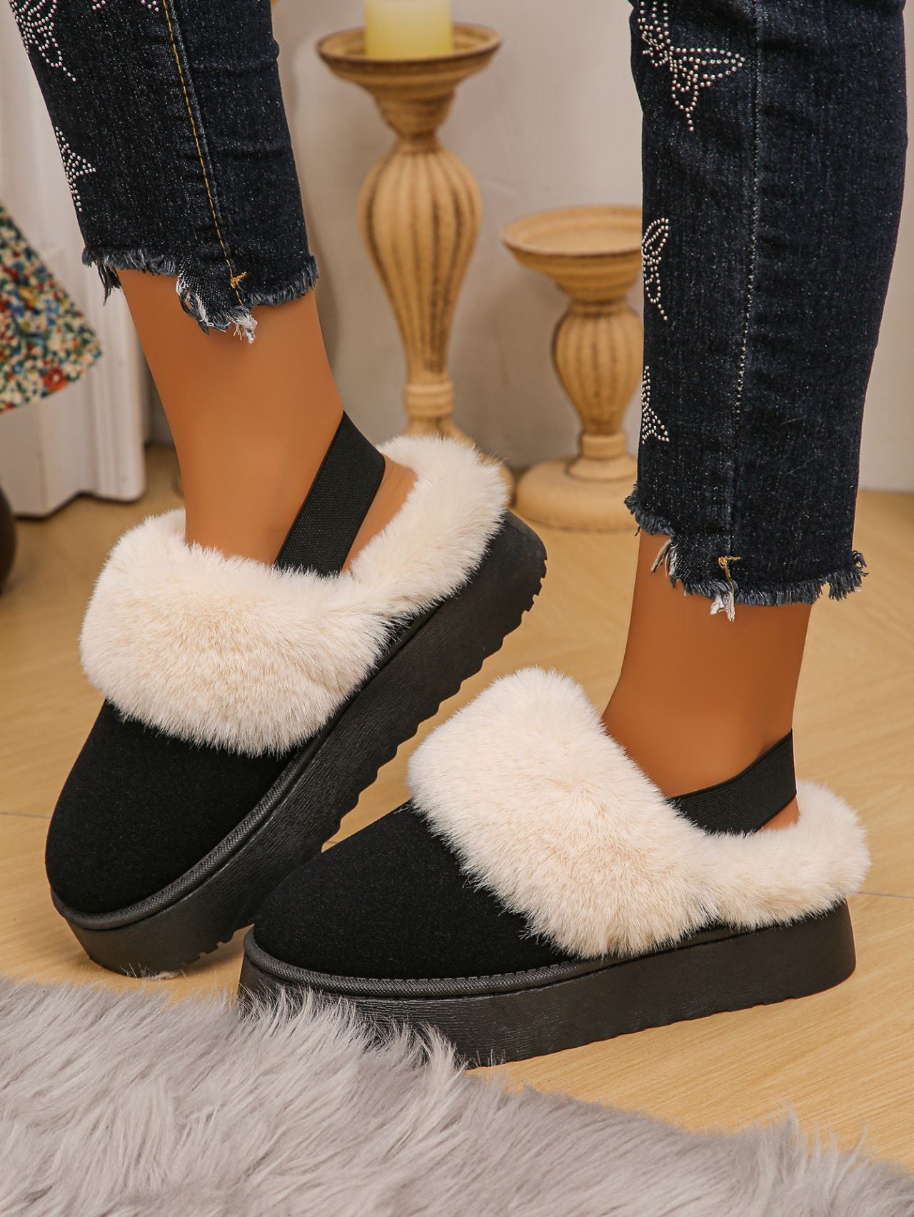 Platform Slippers Funkette Plush Faux Fur Slip-on Vegan Suede Ankle Strap Shoes