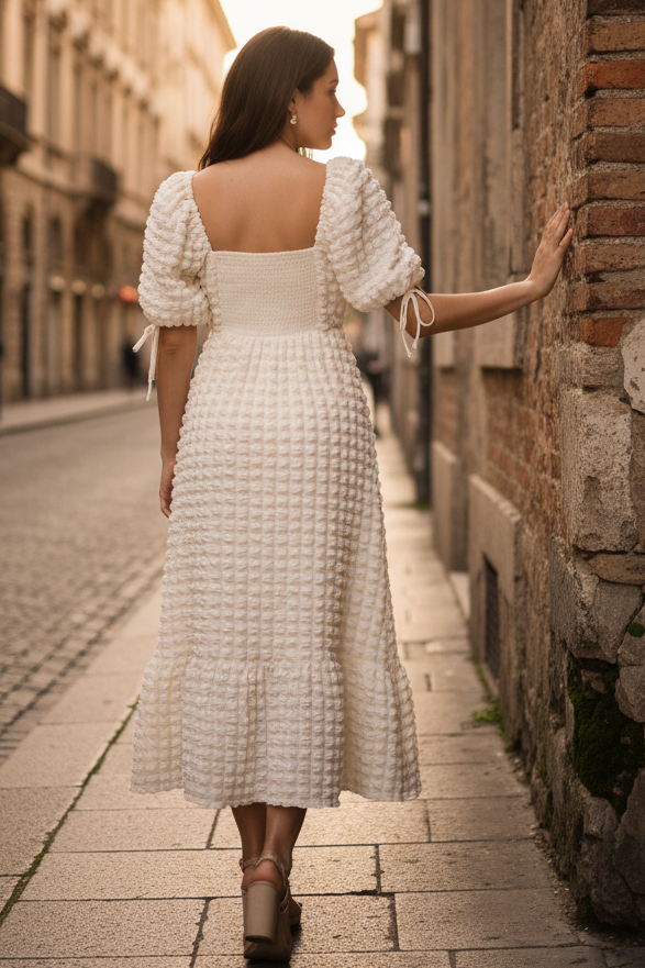 3D Popcorn Bubble Textured Sweetheart Neck Short Sleeve Smocked Back Tiered Midi Dress
