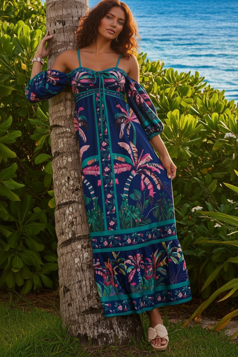 Tropical Bow Sweetheart Neck Puff Cold Shoulder Tiered Maxi Dress Smocked Back