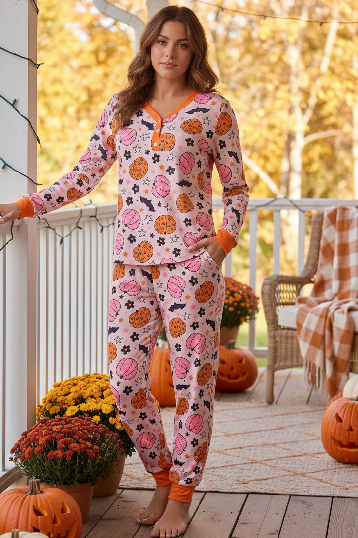 Halloween Pumpkin Soft Long Sleeve Pajama Pants Loungewear Sleep Set