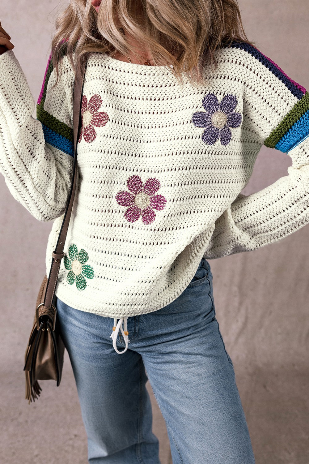 Colorful Crochet Daisy Retro Flower Hippie Long Sleeve Top Drawstring Hem Knit Sweater