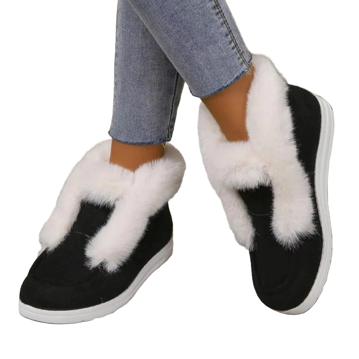 Plush Faux Fur Trim Round Moc Toe Slip-On Ankle Boots Fluffy Winter Bootie Shoes