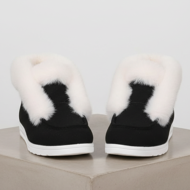 Plush Faux Fur Trim Round Moc Toe Slip-On Ankle Boots Fluffy Winter Bootie Shoes