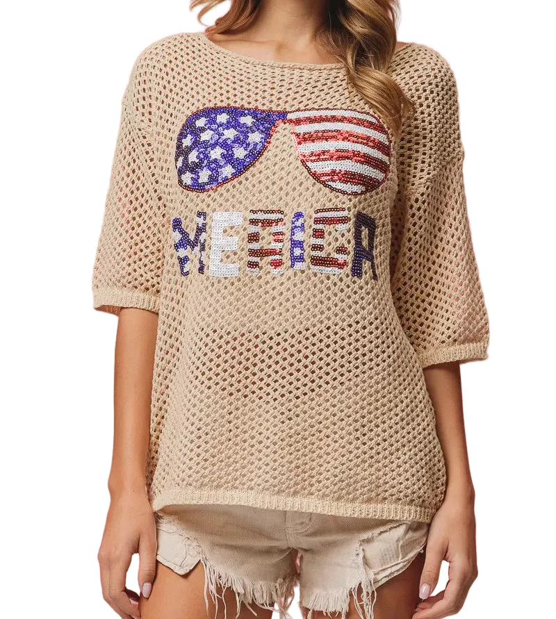 BiBi Merica Sequin American Flag Shirt Sparkling Openwork Knit Lightweight Top