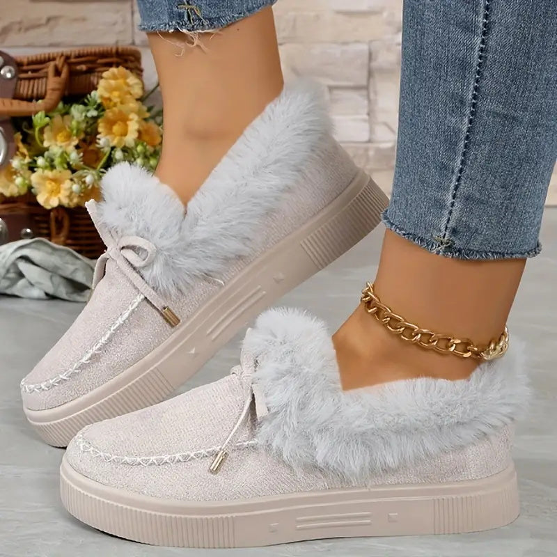 Bow Top Plush Faux Fur Loafers Slip-On Moccasin Soft Flat Outdoor House Shoes