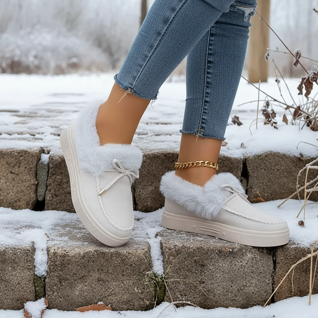 Bow Top Plush Faux Fur Loafers Slip-On Moccasin Soft Flat Outdoor House Shoes