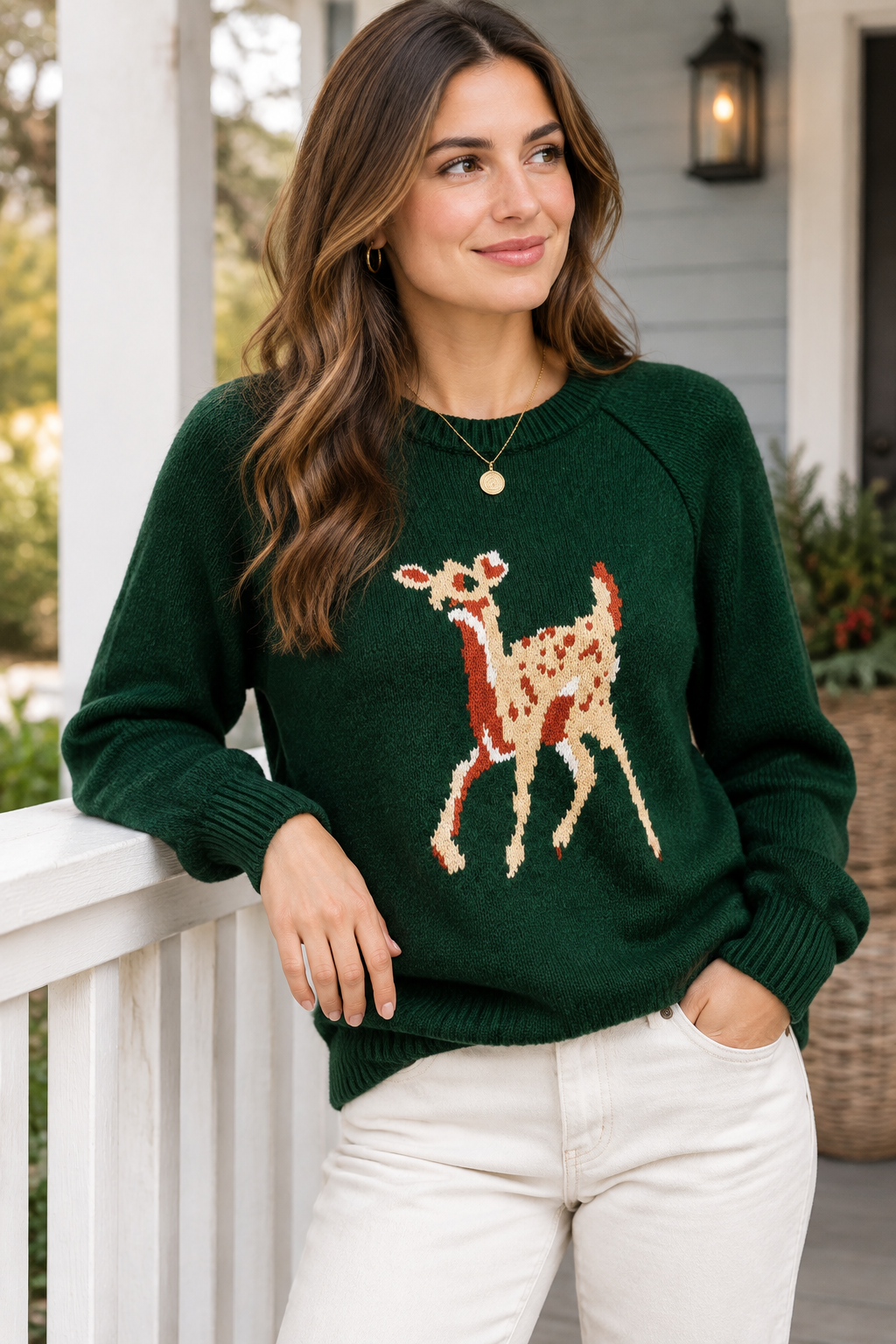Spotted Fawn Deer Crew Neck Cozy Knit Sweater Country Western Rustic Doe Pullover