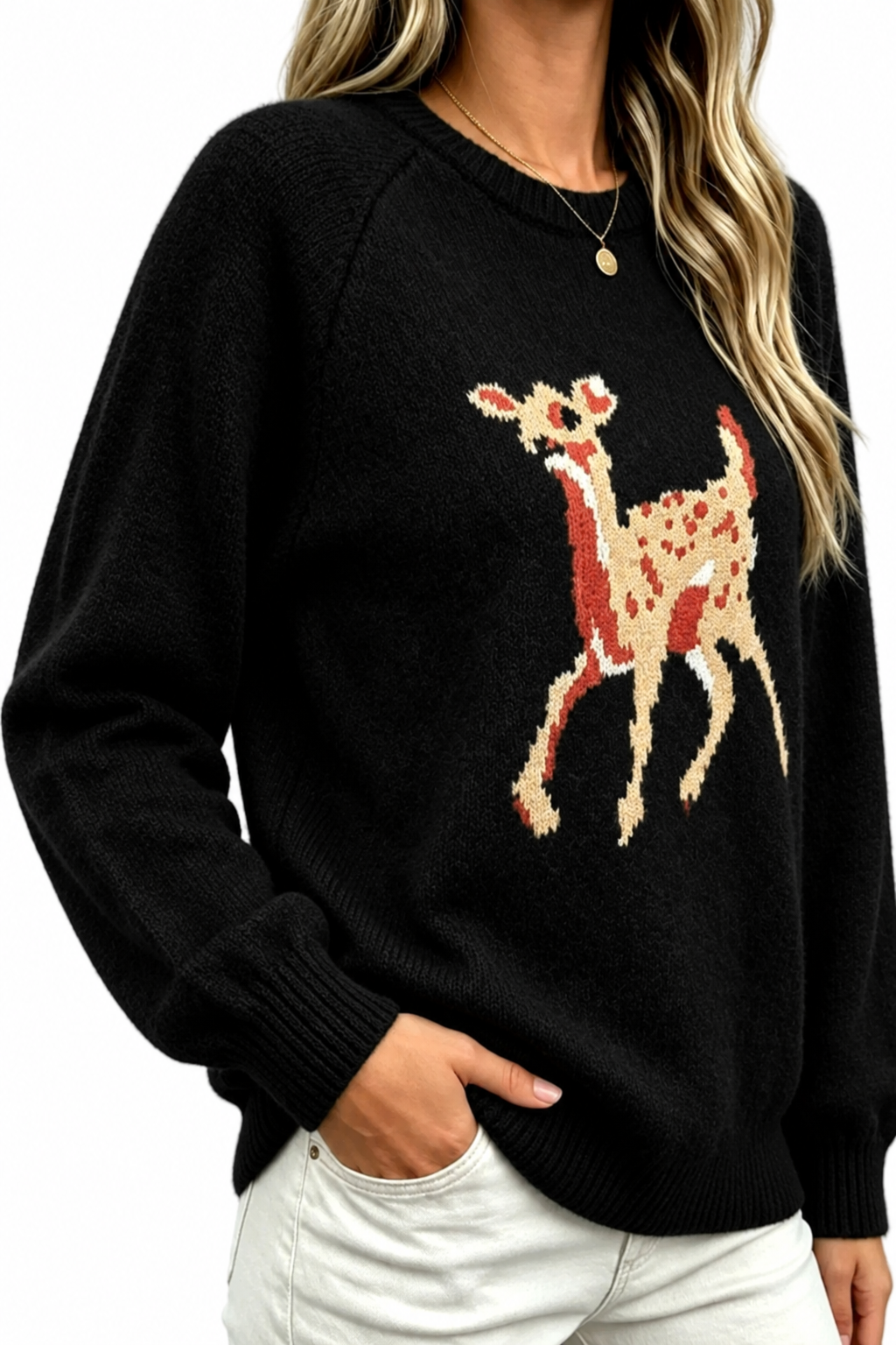 Spotted Fawn Deer Crew Neck Cozy Knit Sweater Country Western Rustic Doe Pullover