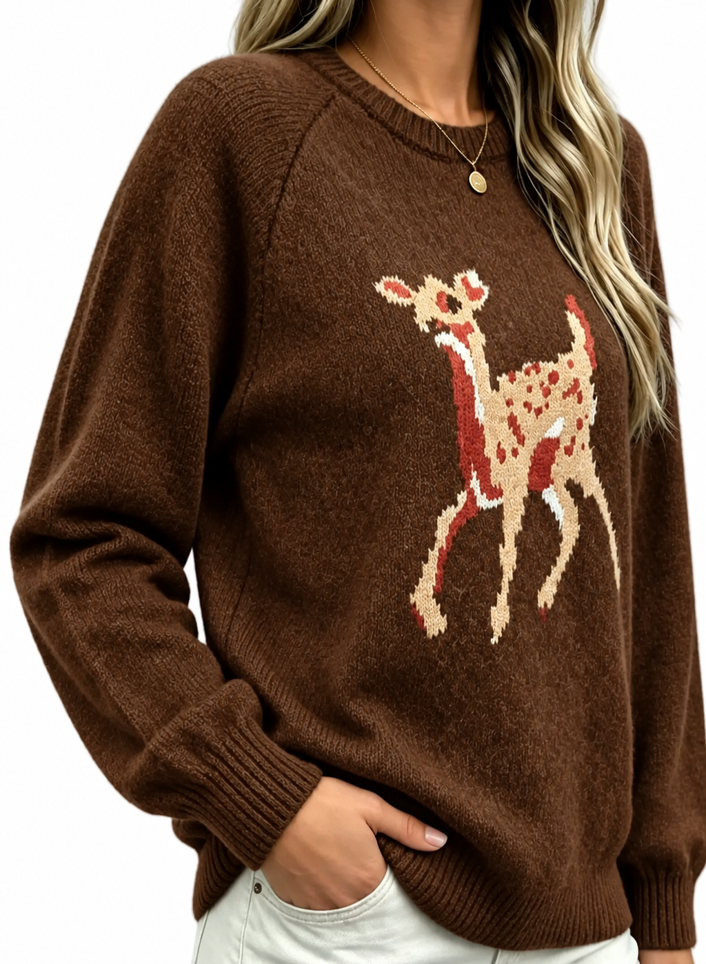 Spotted Fawn Deer Crew Neck Cozy Knit Sweater Country Western Rustic Doe Pullover