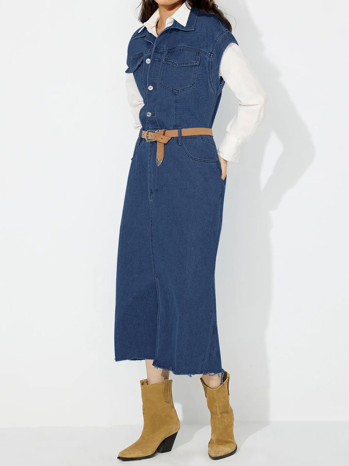 Denim Jacket Dress Pocket Chest Jean Collared Midi Half Button Slit Front