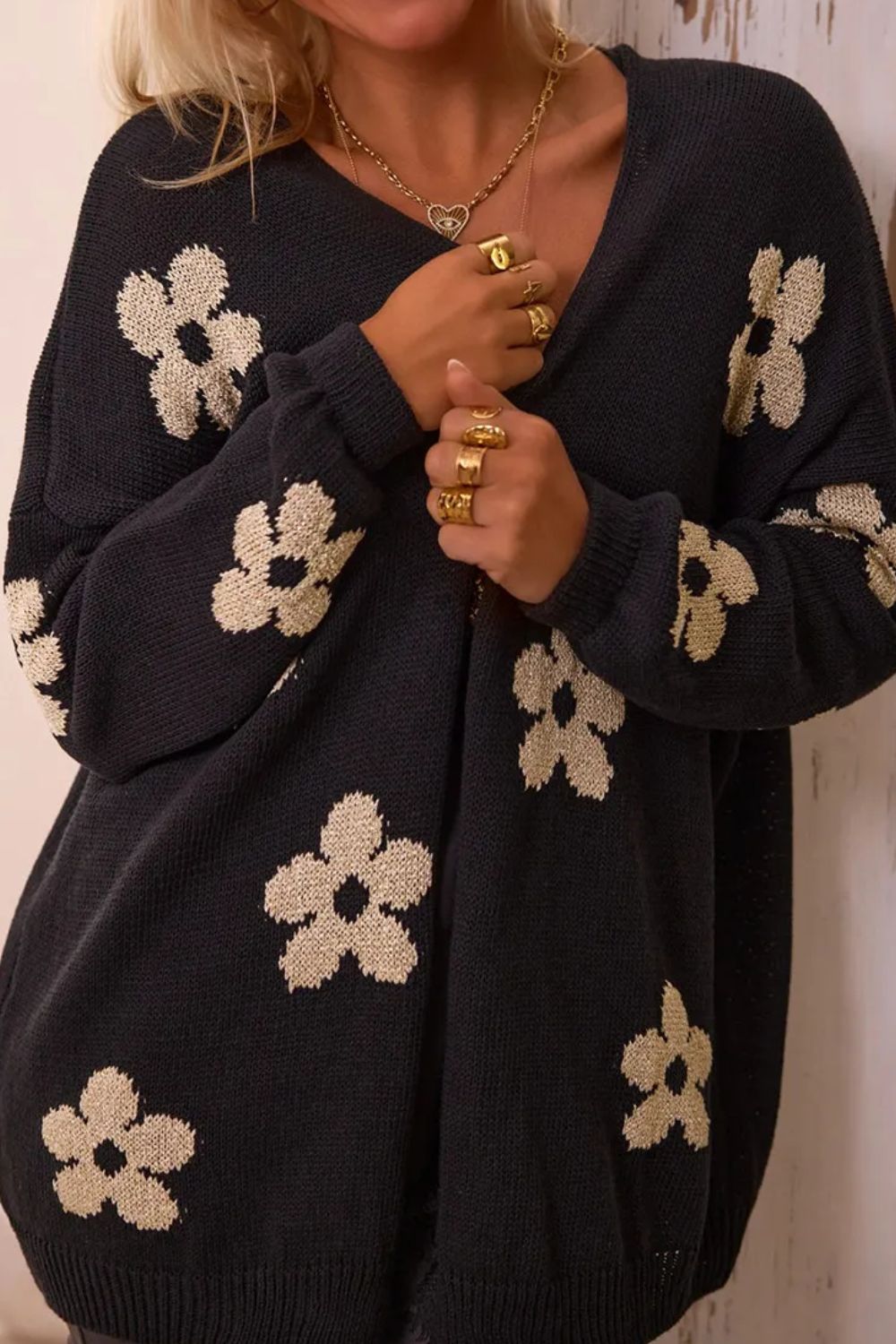 Retro Daisy Flower Color Contrasting Knit Open Front Long Sleeve Cardigan 70s Floral