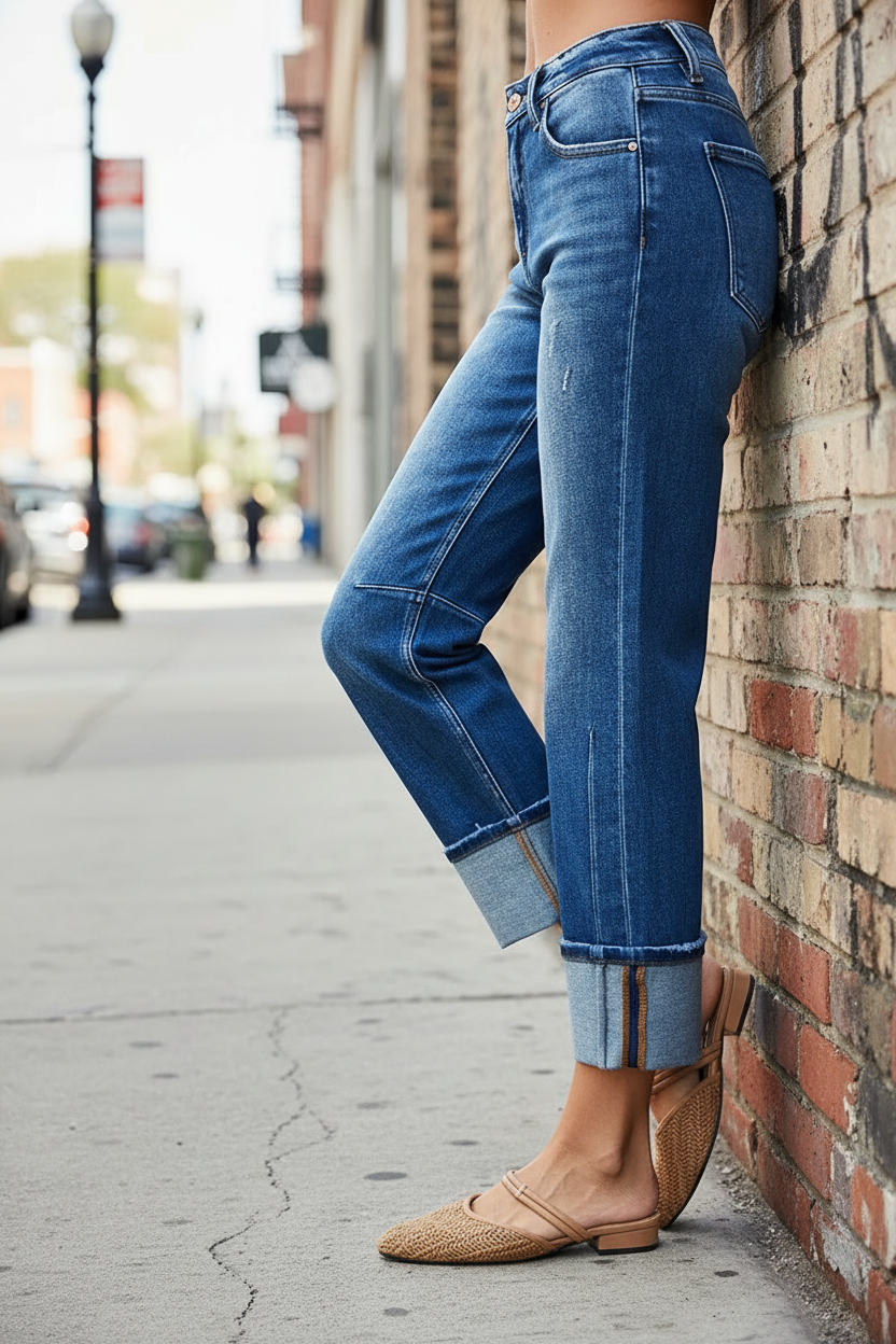 Risen High-Rise Pintuck Straight Leg Crop Jeans Wide Cuff Raw Hem Denim Pants