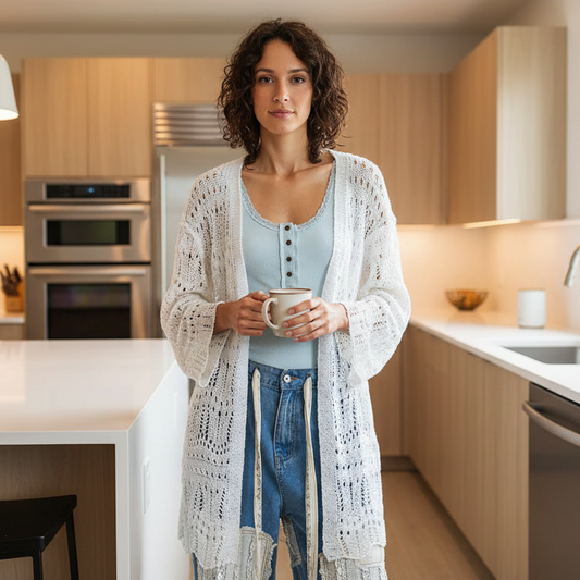 POL Scalloped Edge Retro Openwork Cottage Granny Knit Longline Slouchy Cardigan Off-white