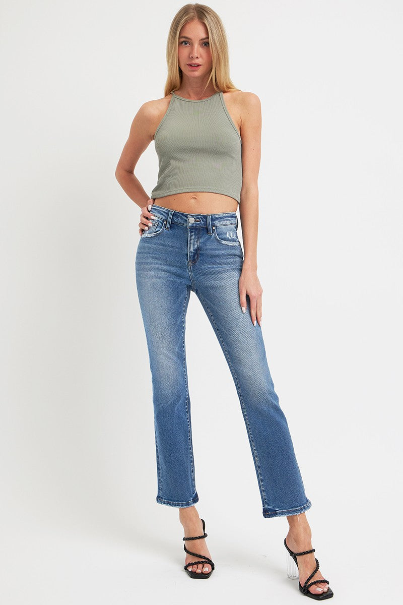 RISEN Mid-Rise Straight Leg Ankle Boyfriend Jeans Distressed Torn Denim Pants