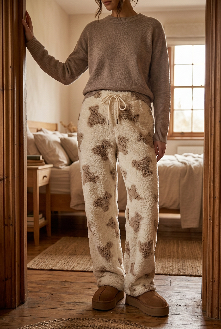 Fuzzy Teddy Bear Side Pocket Loungewear Drawstring Waist Fluffy Wide Leg Pants