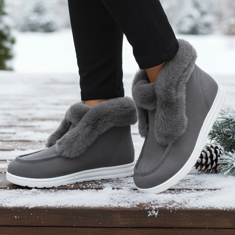 Plush Faux Fur Trim Round Moc Toe Slip-On Ankle Boots Fluffy Winter Bootie Shoes
