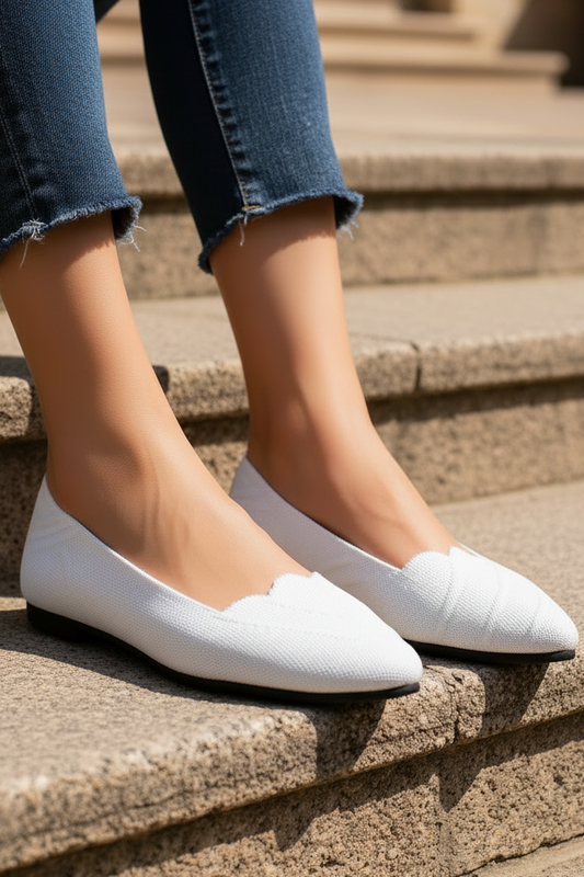 Jacquard Mesh Knit Pointed Toe Flats Slip-On Ballet Shoes Scalloped Edge Loafers