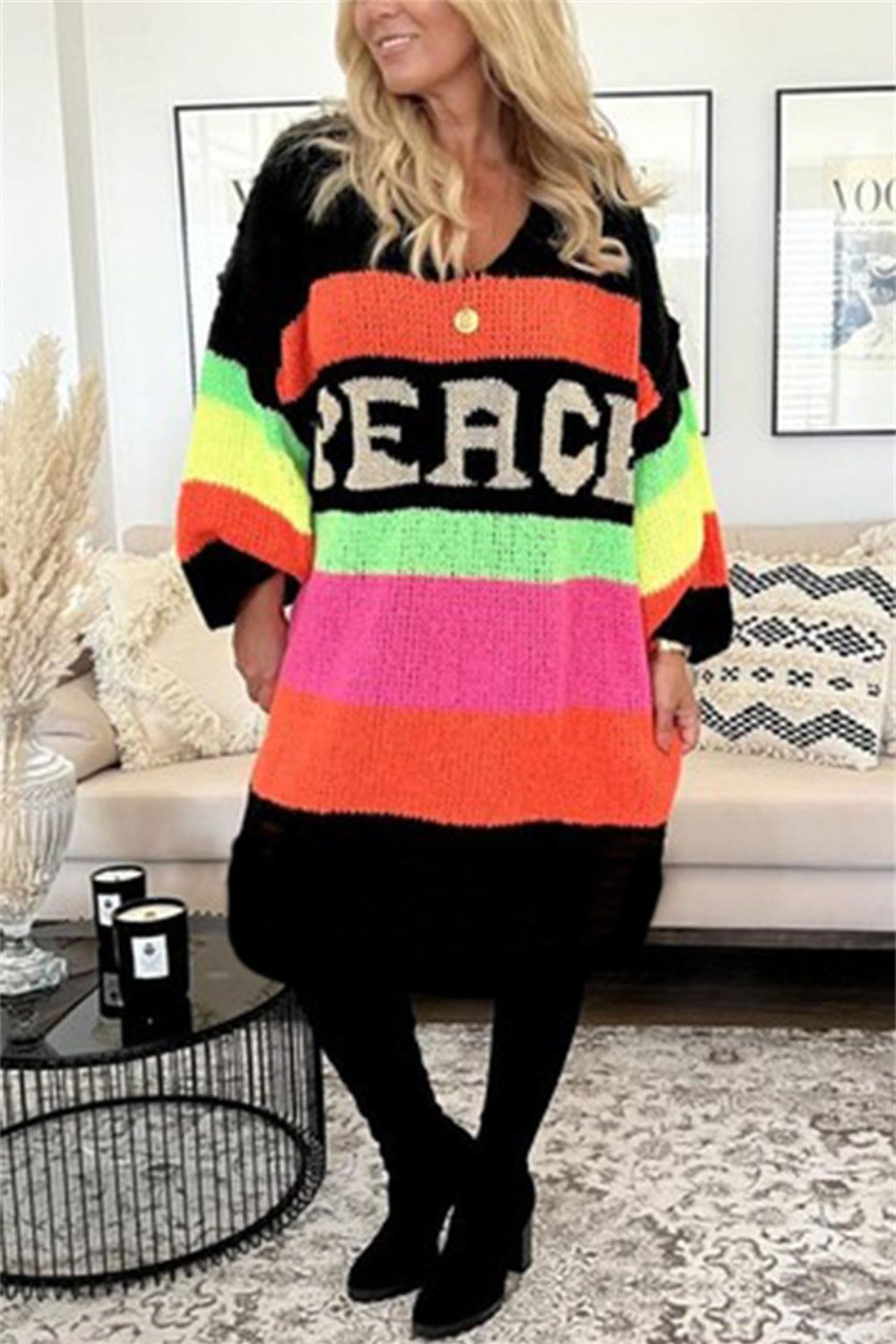 PEACE Oversized Knit Sweater Dress Colorful Contrasting Long Sleeve Knee Midi