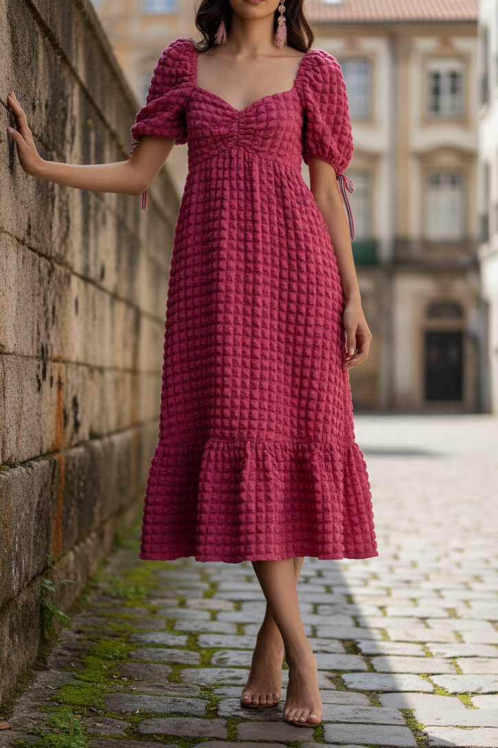 3D Popcorn Bubble Textured Sweetheart Neck Short Sleeve Smocked Back Tiered Midi Dress