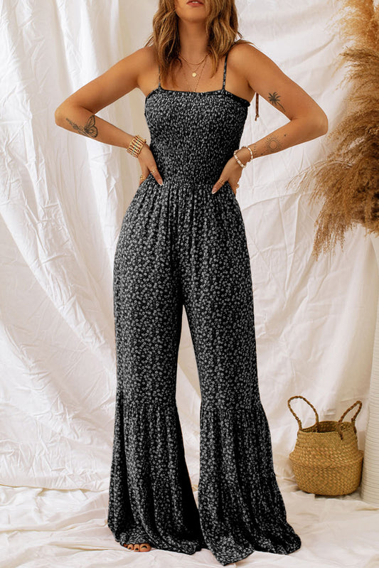 Retro Hippie Pant One-piece Smocked Tiered Wide Leg Bell Bottom Jumpsuit