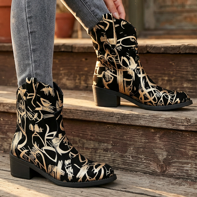 Faux Suede Western Cowboy Ankle Boots Abstract Graffiti Brush Block Heel