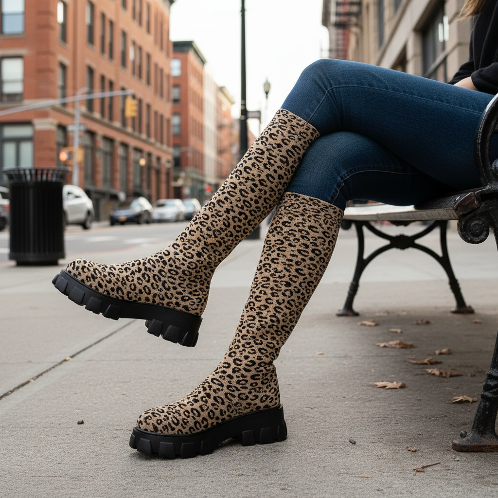 Leopard Chunky Platform Knee High Sock Boots Stretch Mesh Knit Block Heel Shoes