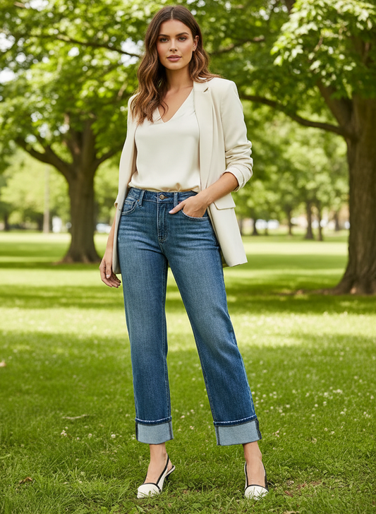 Risen High-Rise 4-Way Stretch Straight Leg Distressed Jeans Crop Ankle Cuffed Raw Hem Plus Size Available