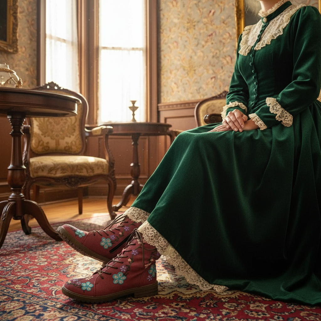 Embroidered Floral Round Toe Victorian-Inspired Low Block Heel Boots Lace-up Shoes