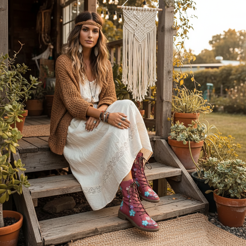 Embroidered Floral Round Toe Victorian-Inspired Low Block Heel Boots Lace-up Shoes