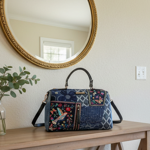 Nicole Lee Patchwork Denim Bosque de Amor Rhinestone Satchel Shoulder Embroidered Bag Sequin Purse