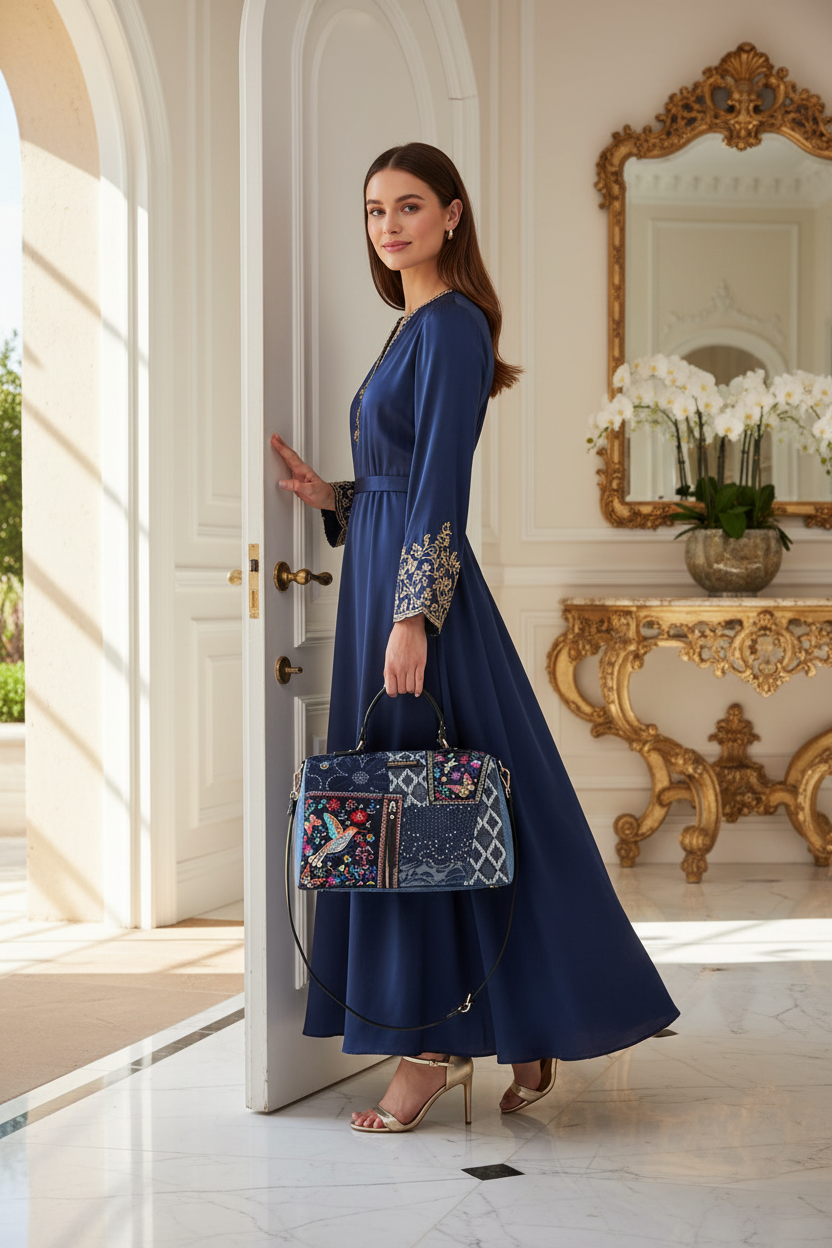 Nicole Lee Patchwork Denim Bosque de Amor Rhinestone Satchel Shoulder Embroidered Bag Sequin Purse