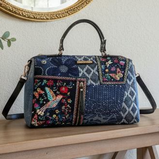 Nicole Lee Patchwork Denim Bosque de Amor Rhinestone Satchel Shoulder Embroidered Bag Sequin Purse