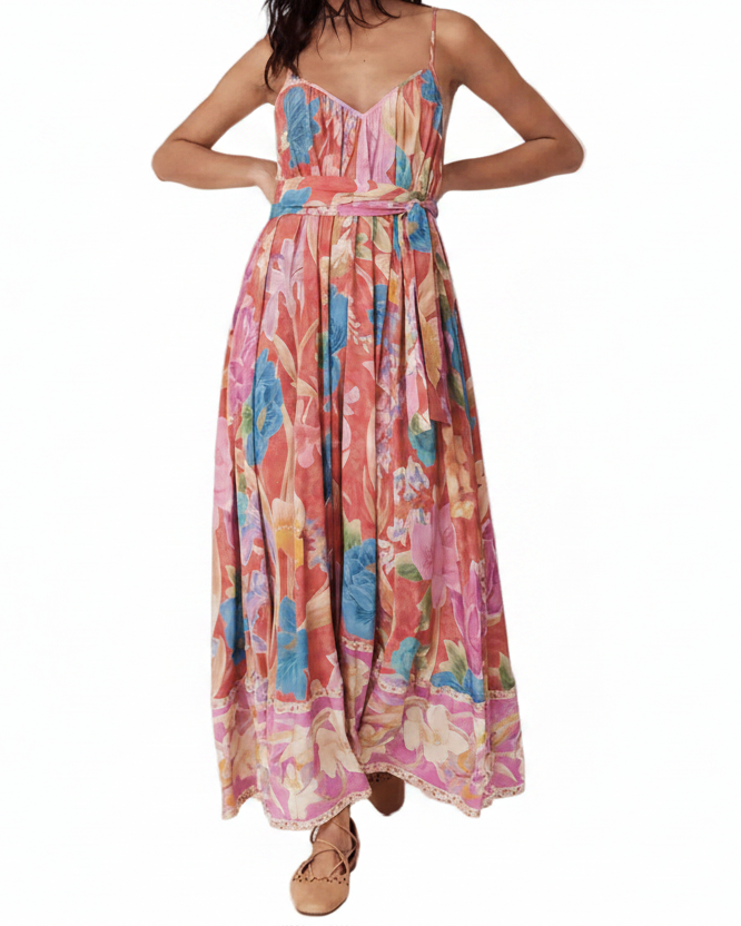 Tie Waist Belted Bright Contrasting Floral V-Neck Open Back Spaghetti Strap Maxi Dress