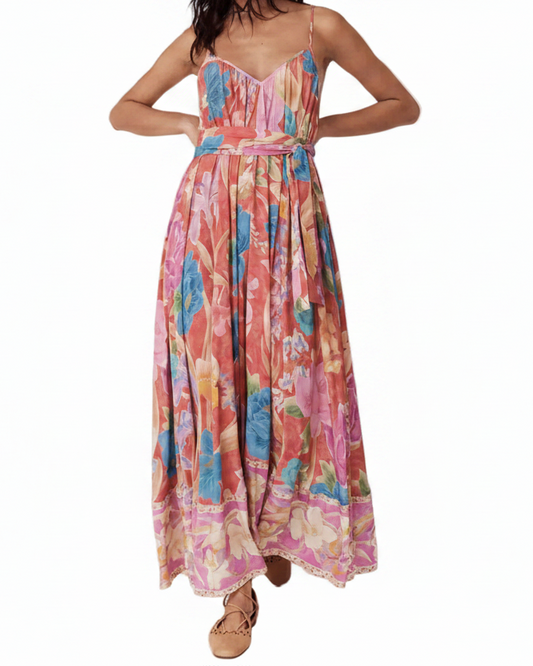 Tie Waist Belted Bright Contrasting Floral V-Neck Open Back Spaghetti Strap Maxi Dress