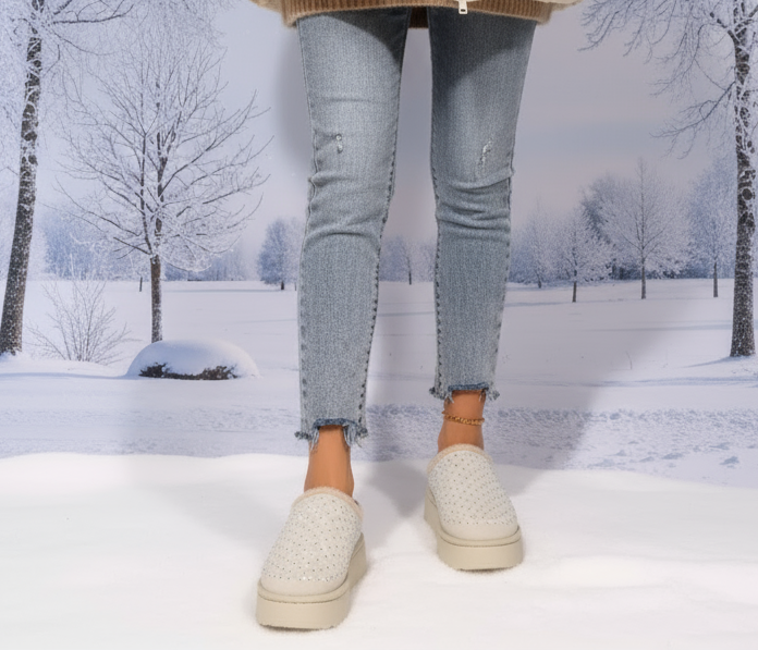 Sparkling Rhinestone Slipper Shoes Faux Fur Vegan Suede Platform Winter House Clogs