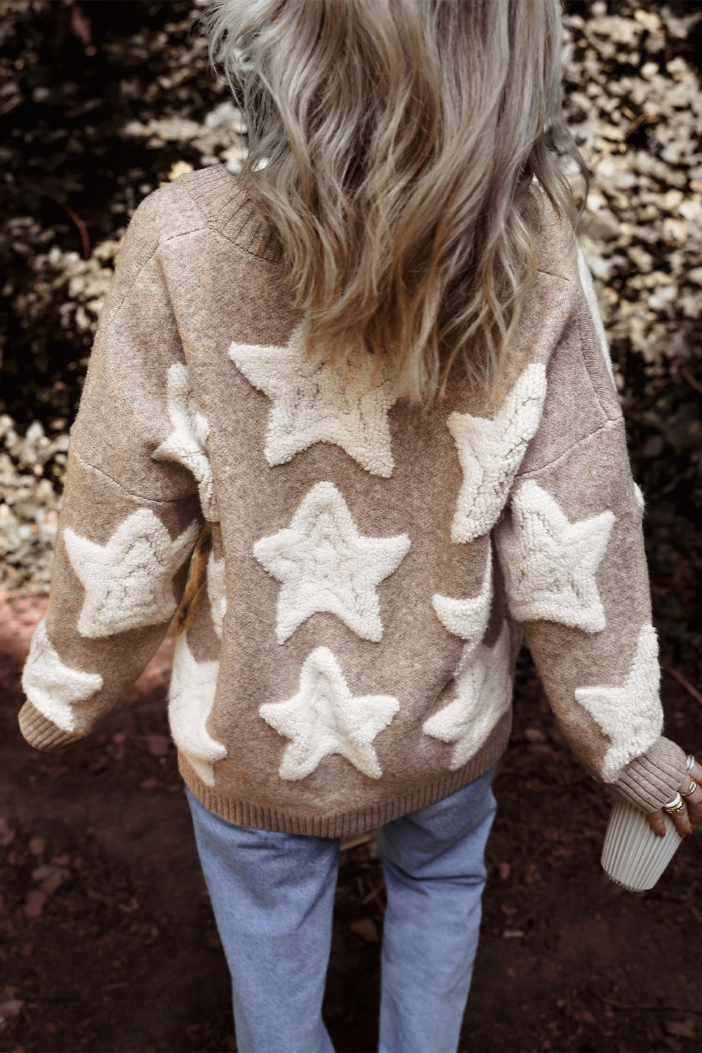 Teddy Sherpa Fuzzy Terry Star Knit Cardigan Long Sleeve Oversized Retro Varsity Button Sweater