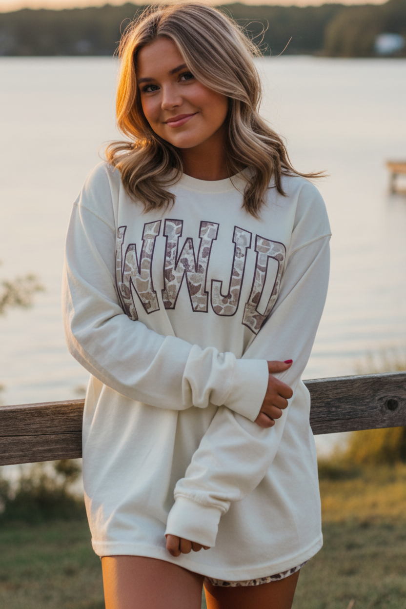 WWJD Camo Christian Faith Oversized Shirt Long Sleeve Lightweight Graphic Tee