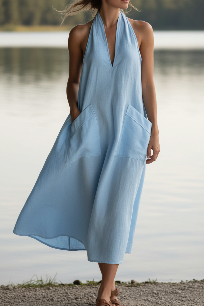 Oversized Baggy Patch Pocket Halter Neck Plunging V-Neck Backless Boho Midi Dress