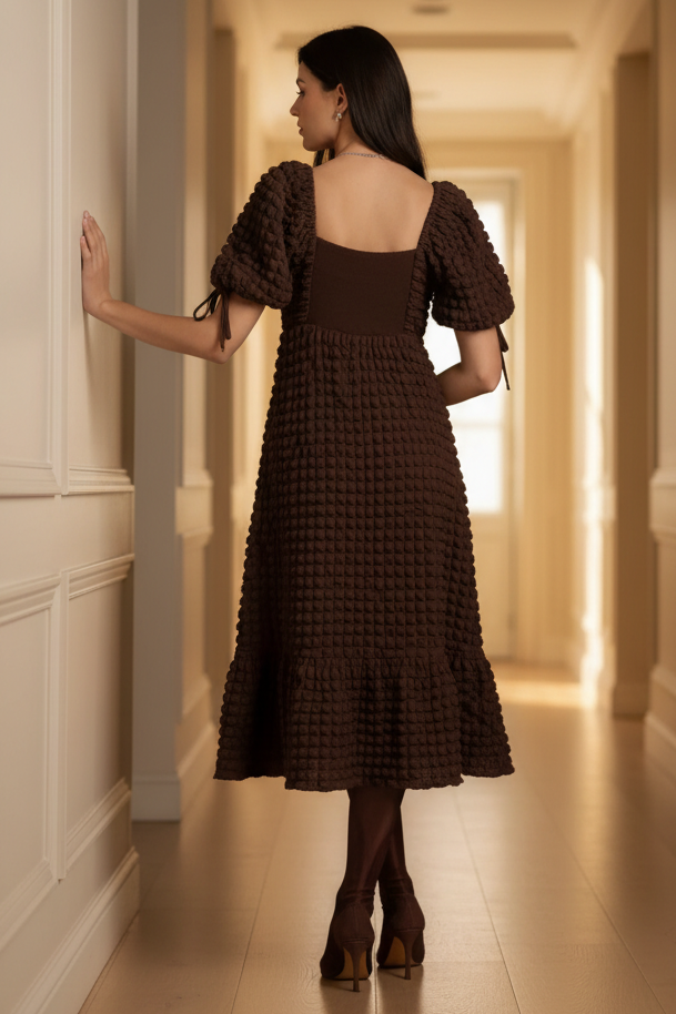 3D Popcorn Bubble Textured Sweetheart Neck Short Sleeve Smocked Back Tiered Midi Dress
