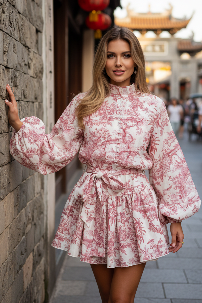 Toile Faux Pearl Button Front Balloon Sleeve Belted Tie Waist Ultra Mini Dress