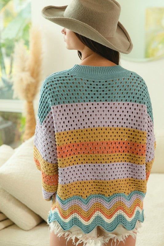 BiBi Sweater Crochet Vintage Granny Openwork Knit Long Sleeve Top Wavy Hem Pullover Shirt