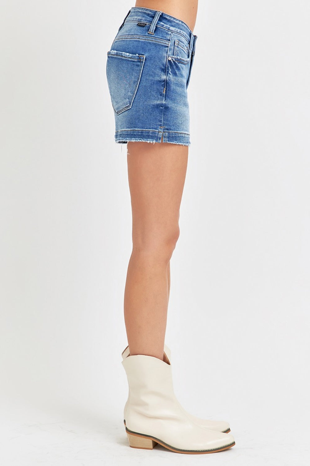 RISEN Low Rise Cut-off Frayed Side Slit Classic Retro Distressed Jean Midi Shorts