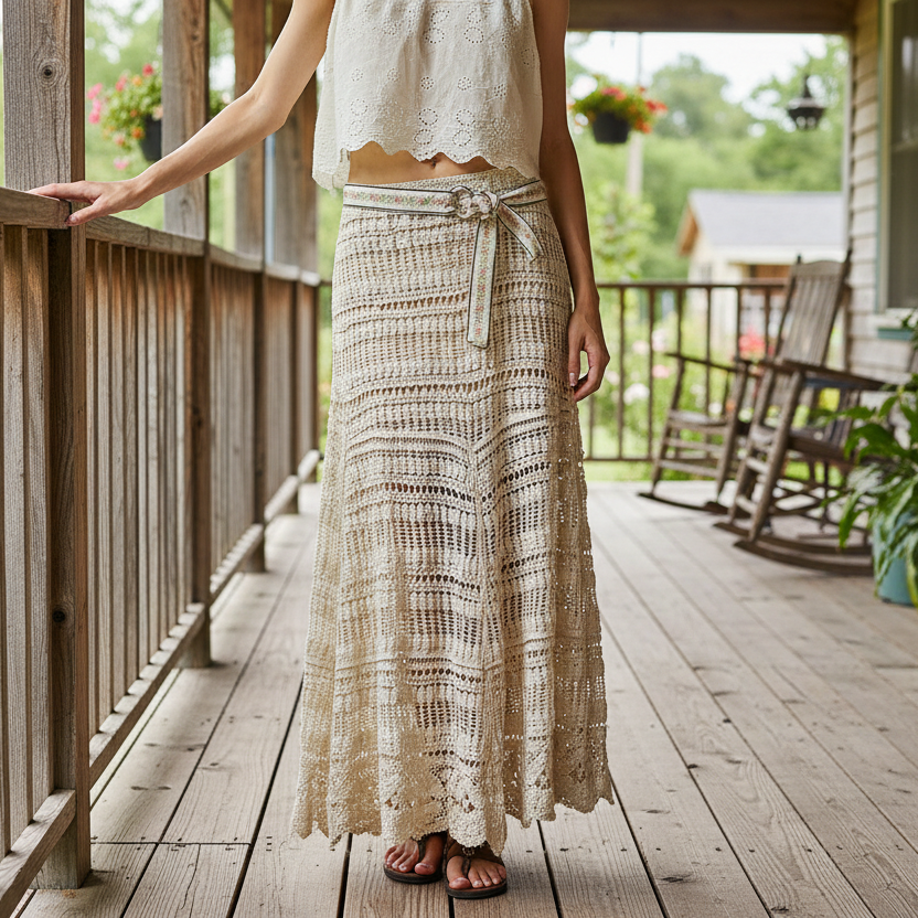 POL Embroidered Belted Openwork Crochet Knit Retro 70s Revival Maxi Skirt Natural Beige