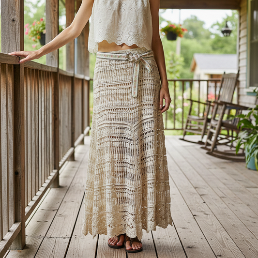 POL Embroidered Belted Openwork Crochet Knit Retro 70s Revival Maxi Skirt Natural Beige