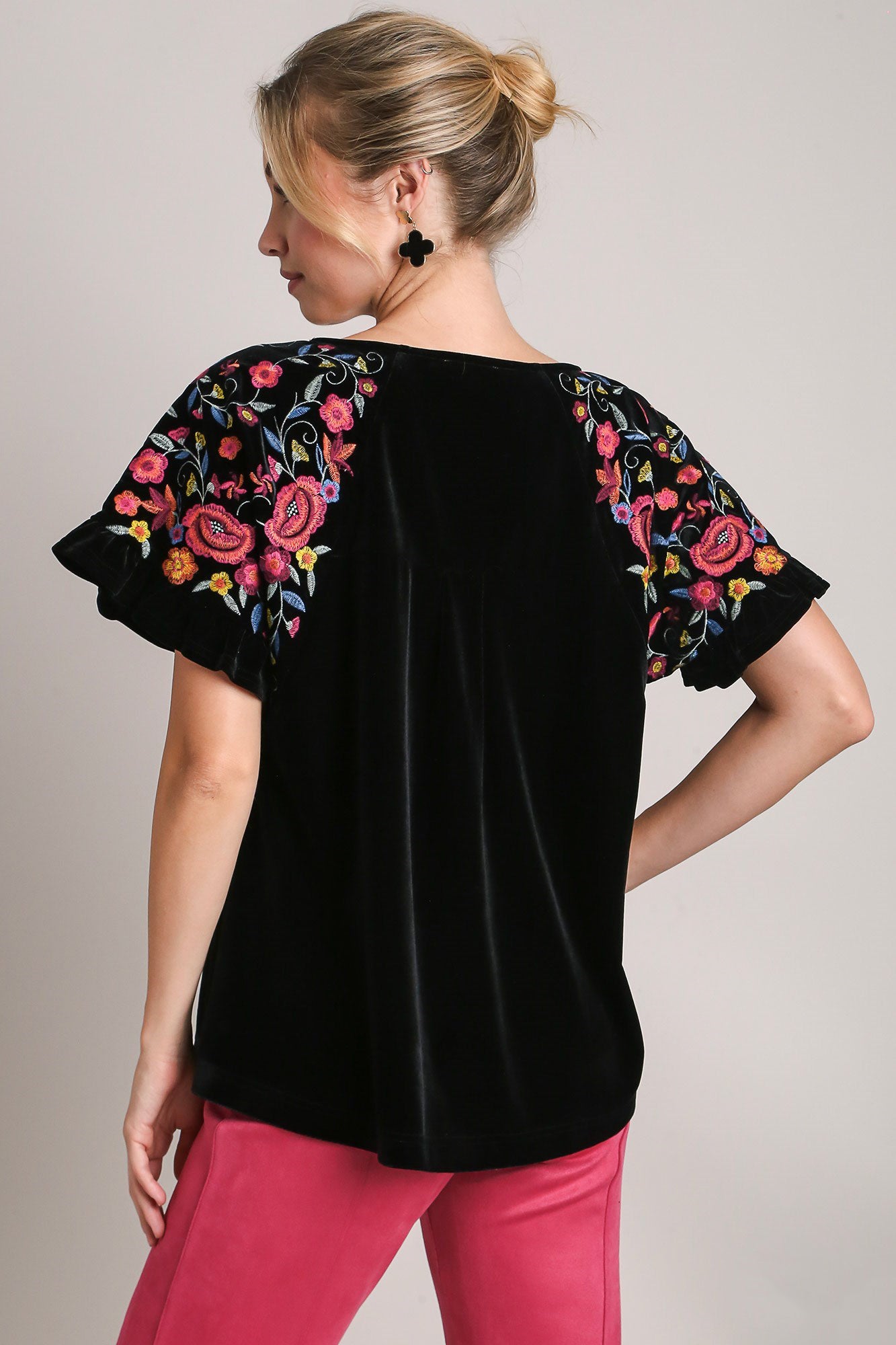 Umgee Velvet Embroidered Floral 70s Retro Shirt Ruffle Top Short Sleeve Blouse