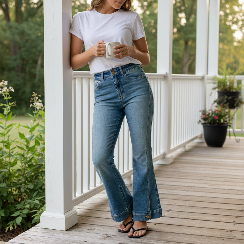 Judy Blue Dual Button High-Rise Slim Fit Denim Pants Vintage Split Hem Flare Jeans