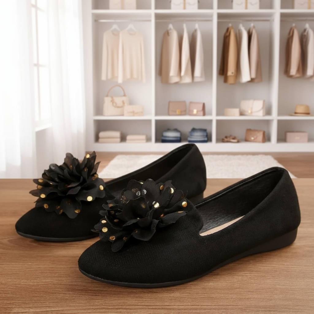 Polka-dot 3D Flower Vegan Leather Ballet Flats Almond Toe Dramatic Slip-on Shoes