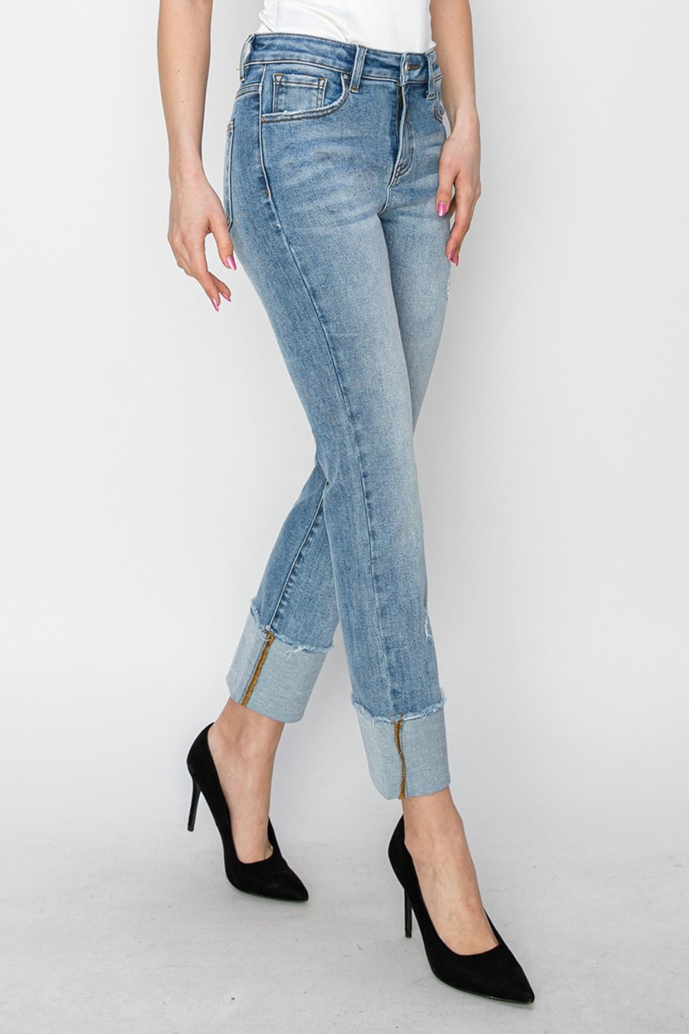 RISEN High-Rise Straight Leg Jeans Ankle Cuffed Hem Distressed Denim Pants